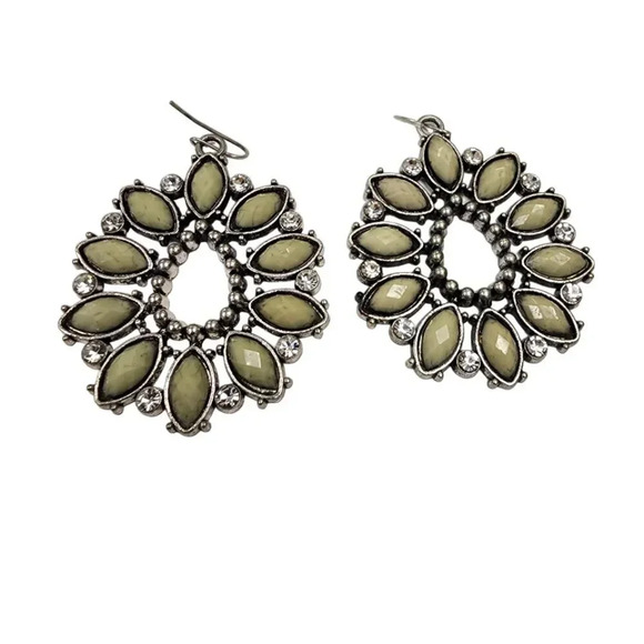 Vintage 60s-70s Rhinestone Beaded Floral Dangle Drop Hook Earrings Silver Tone - Picture 1 of 2